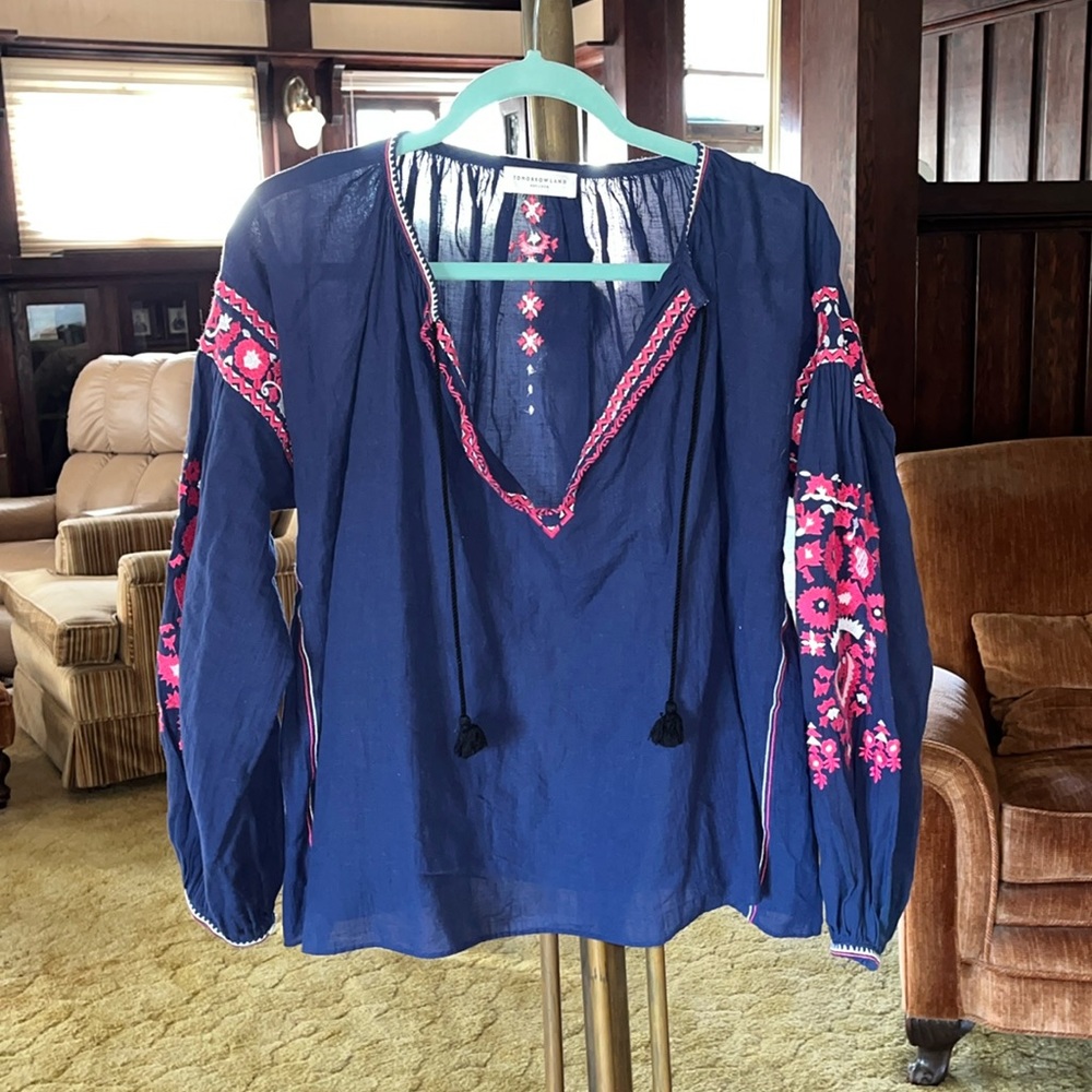 TOMORROWLAND Designer Embroidered Floral Blue Long Sleeve Blouse Size 38 Medium
